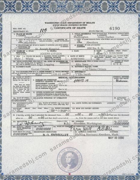 USA Washington state death certificate template in PSD format